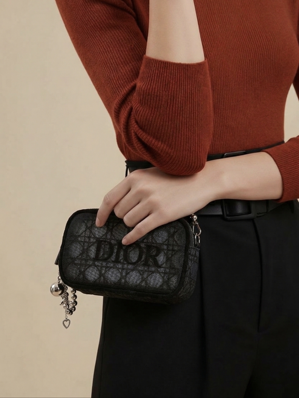 Dior Black Mesh Logo Makeup Pouch with Chain